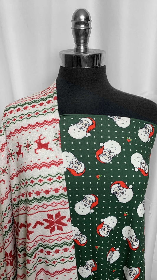 SANTA/REINDEER STRIPE BUNDLE : 2YD Santa on Green Dot DBP & 1.5YD White Snowflake/Deer Stripe Hacci SK : A25734