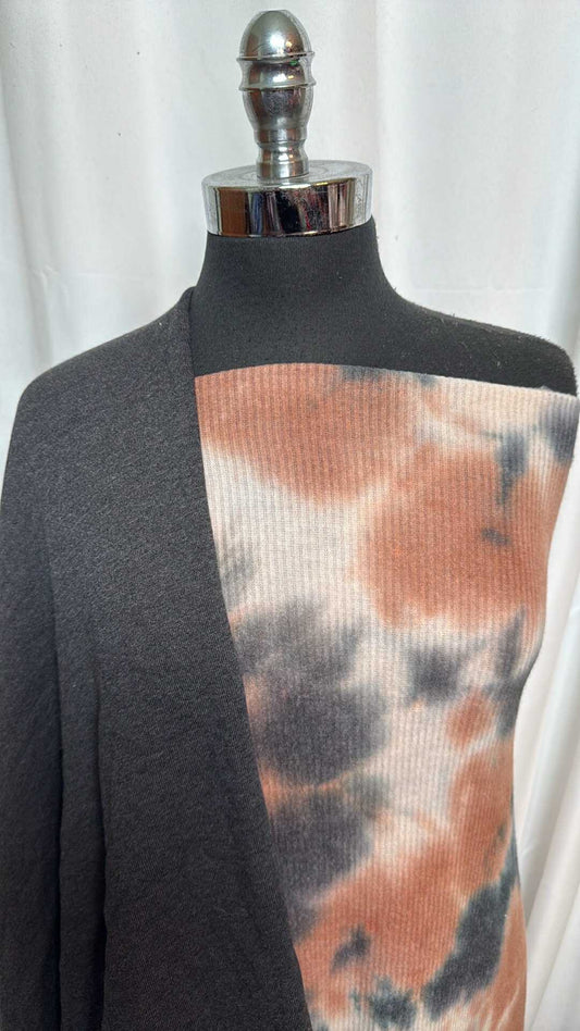 CHARCOAL/TIE DYE RIB BUNDLE : 2YD Tie Dye Brushed Rib Hacci SK & 1YD Charcoal Sweatshirt Fleece (72" Wide) : A28314