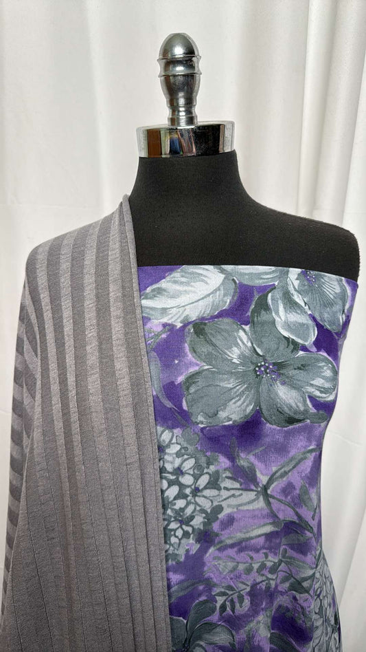 PURPLE FLORAL/RIB SWEATER BUNDLE : 32" Cut of Purple Floral Modal & 2YD Wide Rib SK : A27135