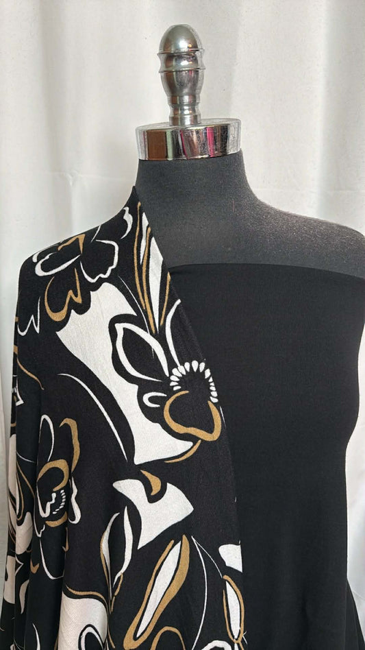 BLACK/GOLD FLORAL BUNDLE : 2YD Black C/S 1x1 Rib & 2YD Black/White/Gold Floral Oakley SK : A29863