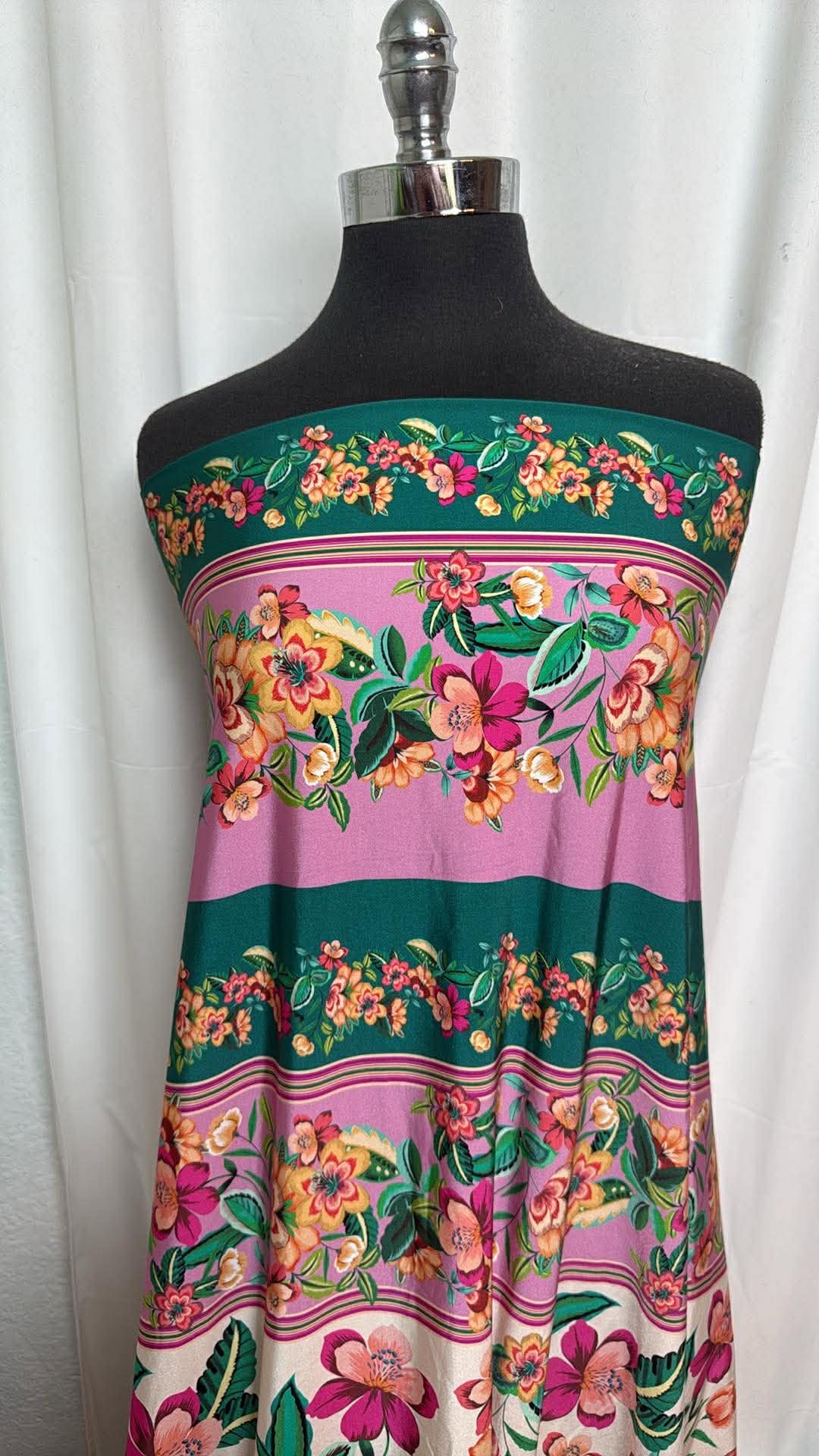 Pink/Green Floral Stripe Double-Border - Designer Nylon/Spandex Swim - 2 Yard Cut