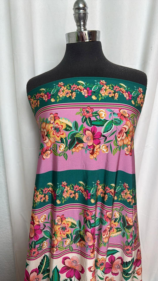 Pink/Green Floral Stripe Double-Border - Designer Nylon/Spandex Swim - 2 Yard Cut