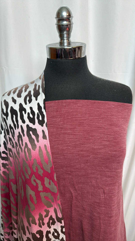 BURGUNDY/OMBRE LEOPARD BUNDLE : 2YD Burgundy Brushed Sandwash Rib & 2YD Ombre Leopard Oakley SK : A28374