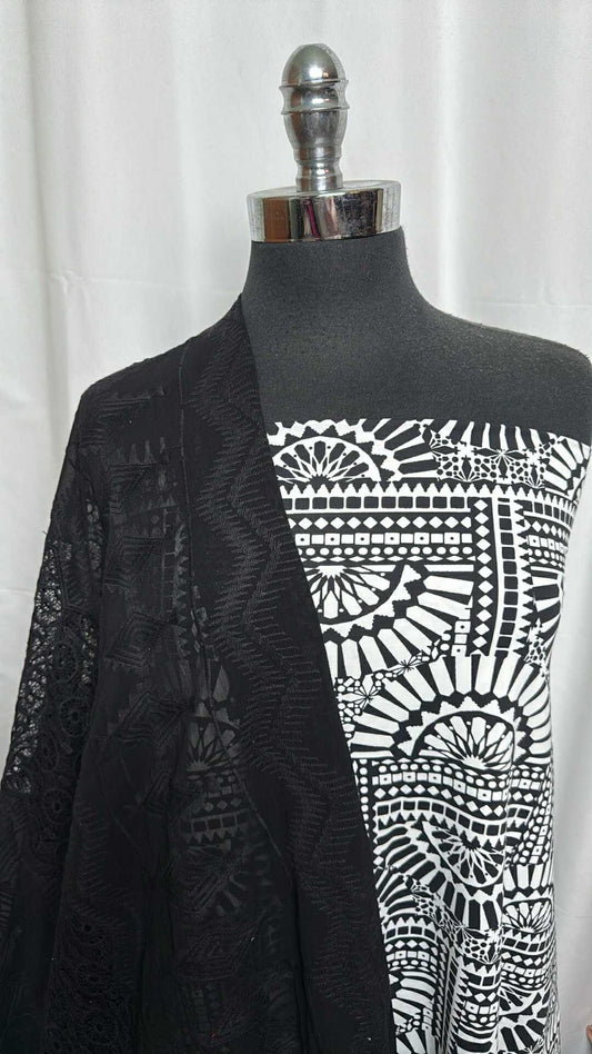 BLACK/WHITE GEO BUNDLE : 2YD Black/White Geo N/S Swim & 2YD Black Embroidered Chiffon : A28917