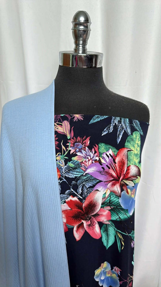 LIGHT BLUE/NAVY FLORAL BUNDLE : 2YD Navy Floral ITY & 1.5YD Light Blue PRS Rib : A29583