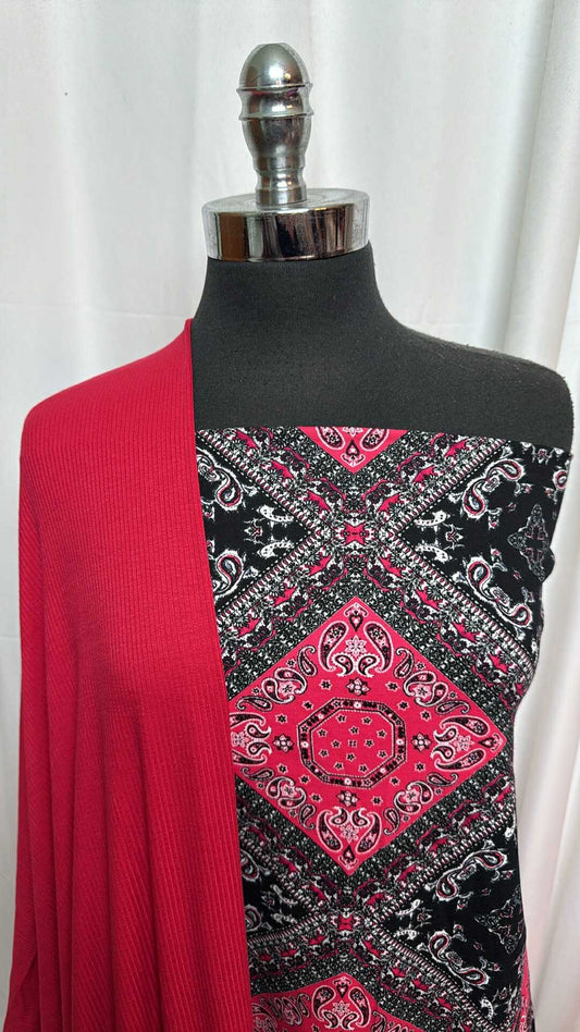 BLACK/FUCHSIA BANDANA BUNDLE : 2YD Black/Fuchsia Bandana C/S & 2YD Solid R/S Rib : A28025