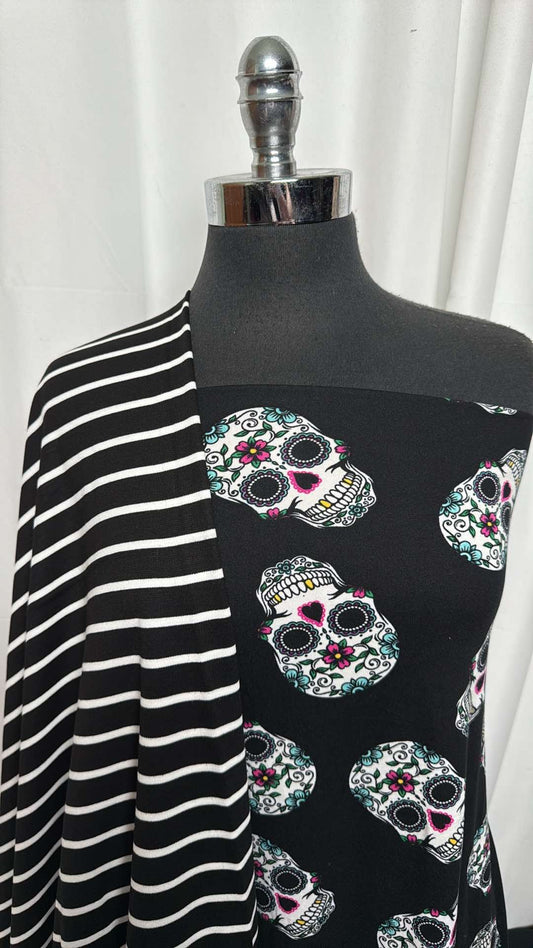 STRIPE/SUGAR SKULLS BUNDLE : 2YD Stripe Ponte & 2YD Sugar Skulls DBP : A27199