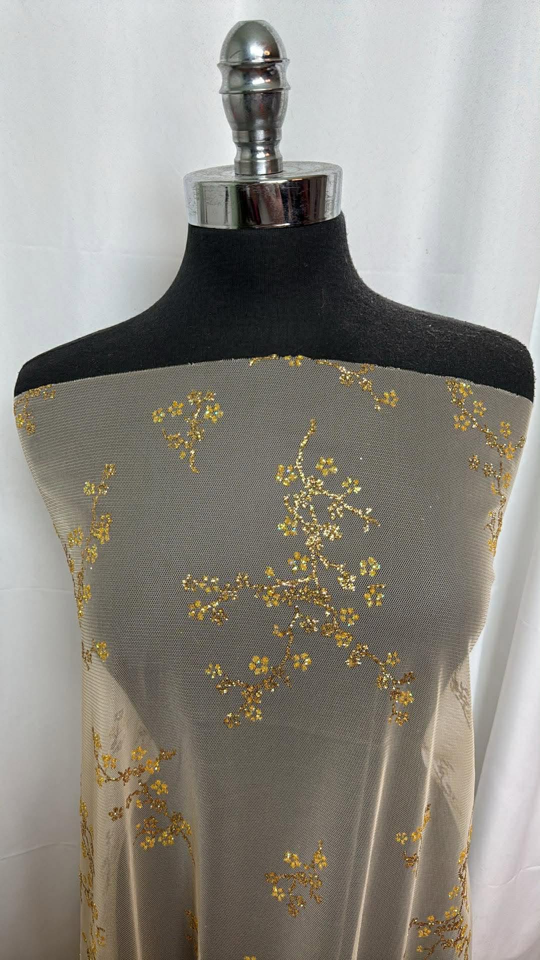 Gold Floral - Tulle with Glitter - 2 Yard Cut