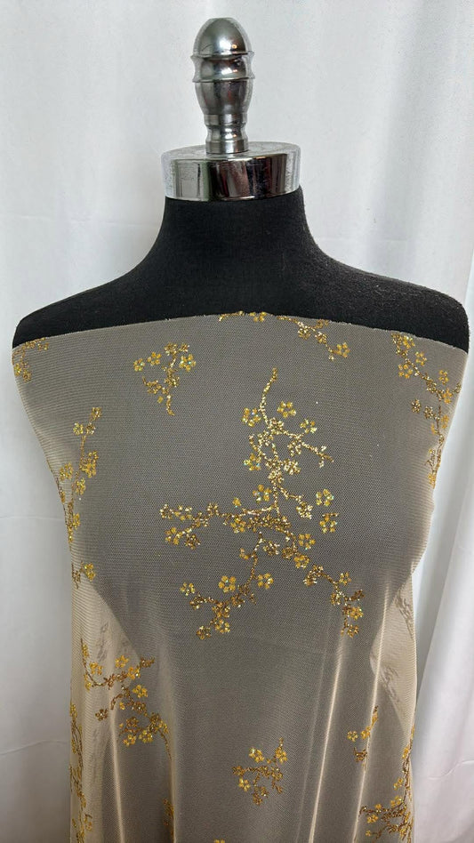 Gold Floral - Tulle with Glitter - 2 Yard Cut