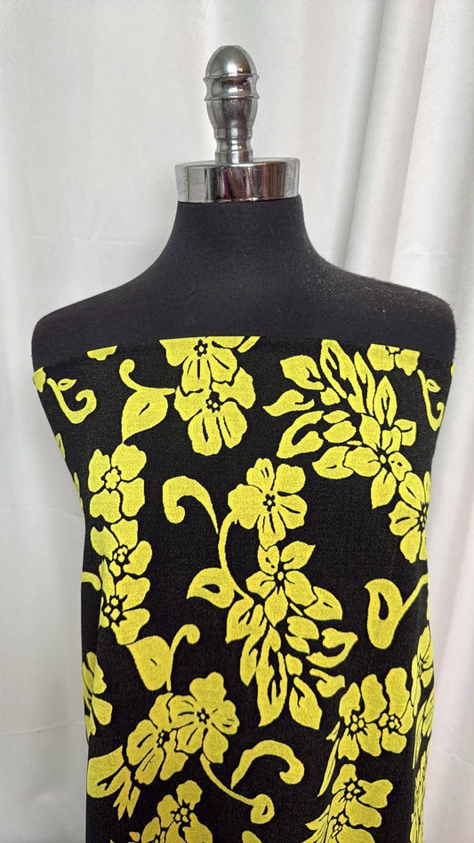 Black/Yellow Floral - Poly/Spandex Jacquard Double Knit - 2 Yard Cut