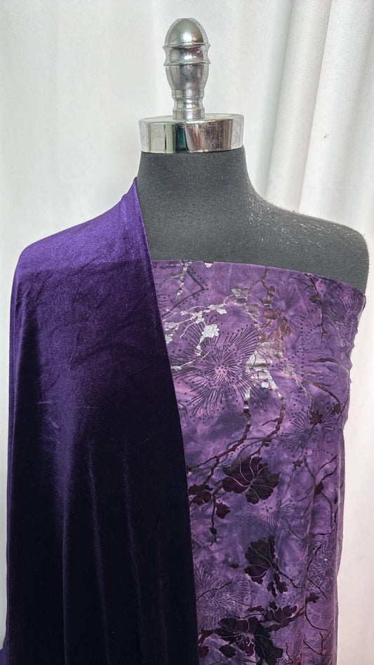 PURPLE VELVET BUNDLE : 45" Cut of Purple ITY w/Foil & 3YD Purple Stretch Velvet : A31083