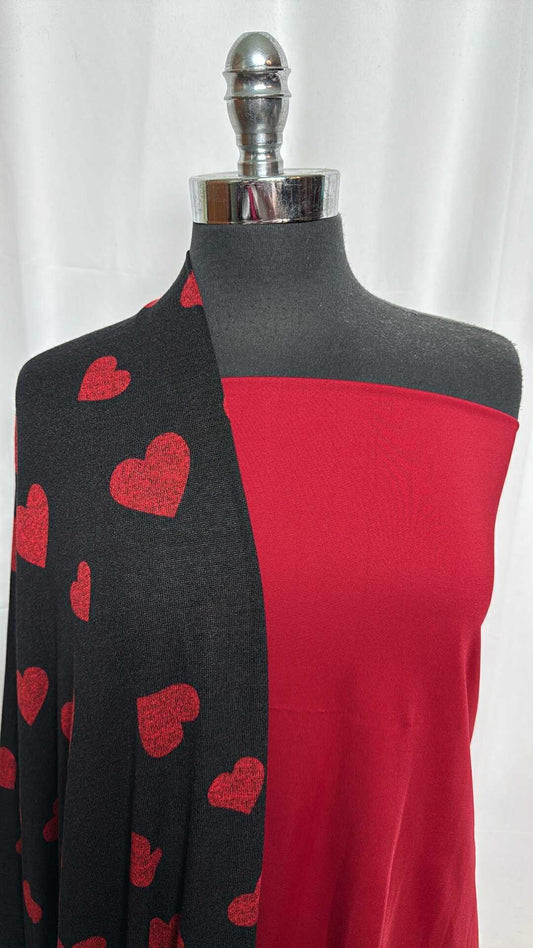 RED/BLACK HEARTS BUNDLE : 2YD Black/Red Heart Hacci SK & 1YD Deep Red Yoga PF : A29182