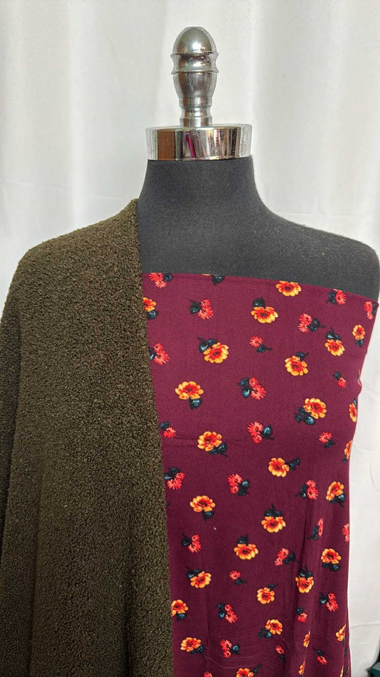 BURGUNDY FLORAL/OLIVE POODLE BUNDLE : 1.5YD Burgundy Floral DBP & 2YD Olive Poodle : A29032