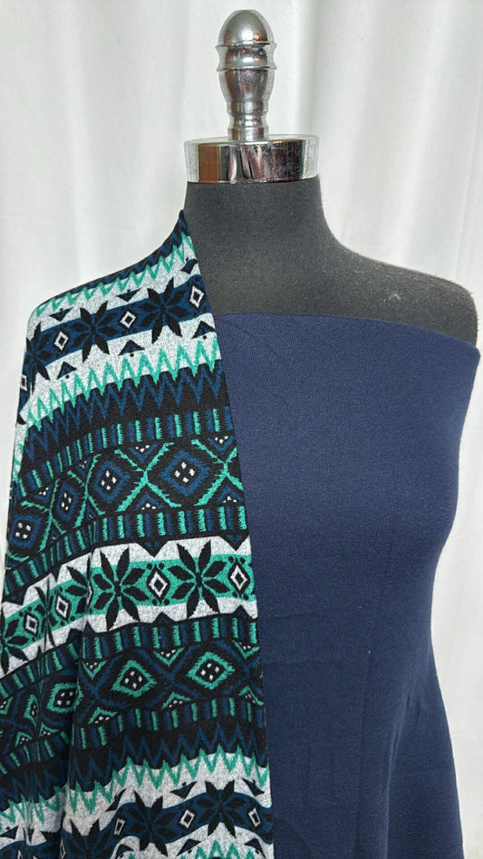 NAVY/GEO STRIPE BUNDLE : 2YD Navy Sweatshirt Fleece (64" Wide) & 2YD Geo Stripe Brushed Hacci SK : A29224