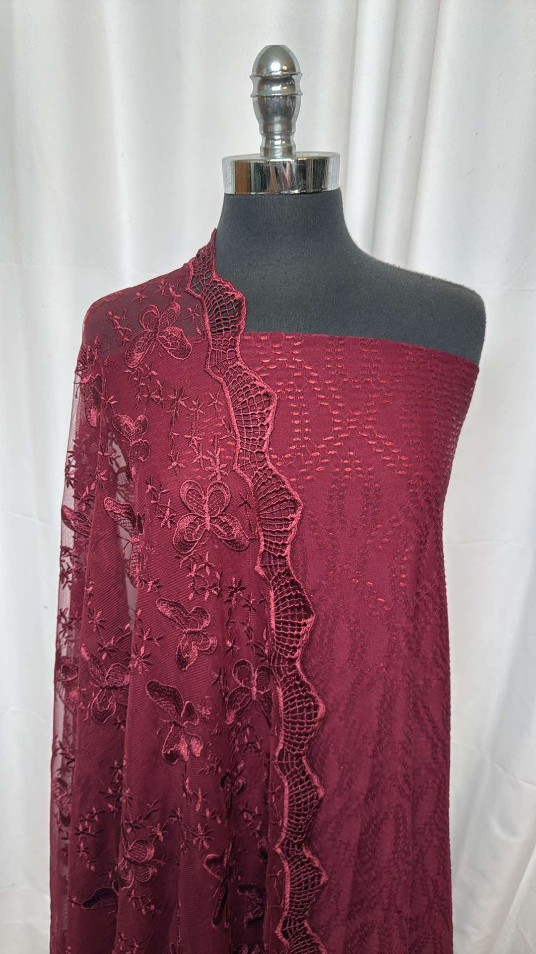 EMBROIDERED BURGUNDY BUNDLE : 3YD Burgundy Foil P/S Jacquard & 2YD Burgundy Double-Border Embroidered Mesh : A26096