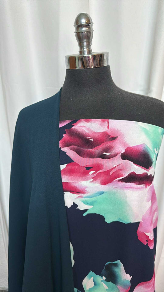 TEAL/BIG WATERCOLOR FLORAL BUNDLE : 2YD Big Watercolor Floral Bubble Crepe & 2YD Teal Crepe Scuba : A27580