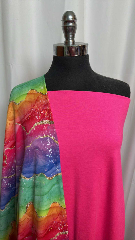 PINK/RAINBOW GEODE BUNDLE : 2YD Electric Pink Space Dye Peached PF & 2YD Rainbow Geode Sport Fleece : A27526