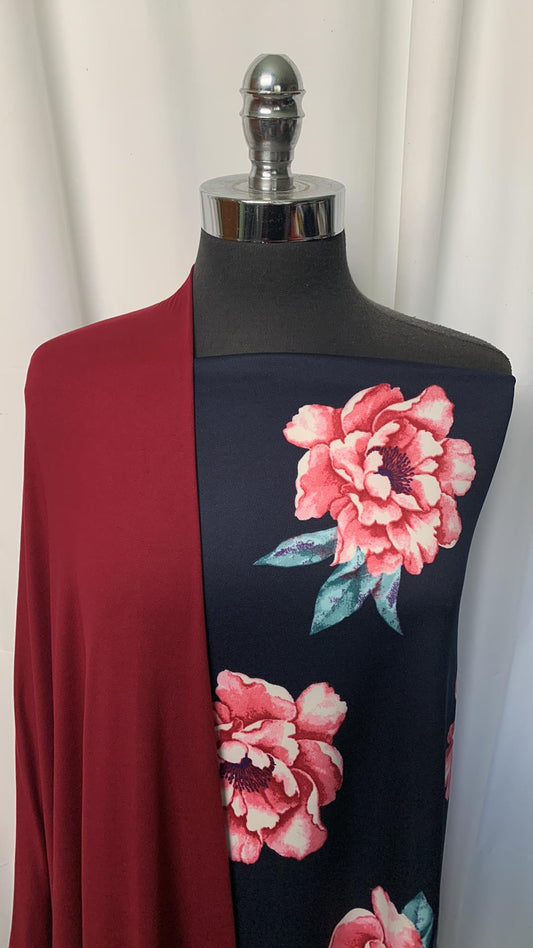 BURGUNDY/NAVY FLORAL BUNDLE : 2YD Navy Floral Scuba & 2YD Burgundy DBP : A1189