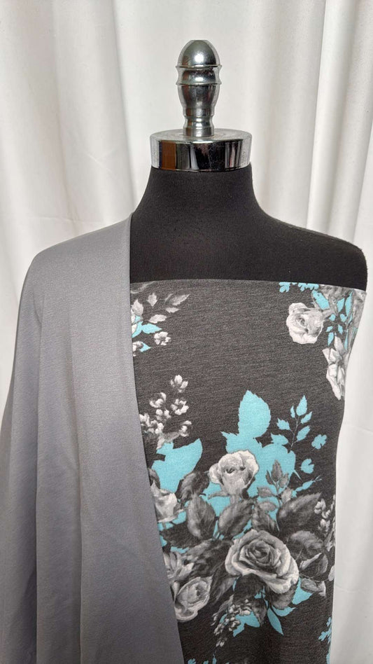SILVER/CHARCOAL FLORAL BUNDLE : 2YD Charcoal Floral PRS FT & 2YD Silver Nylon Ponte : A26324