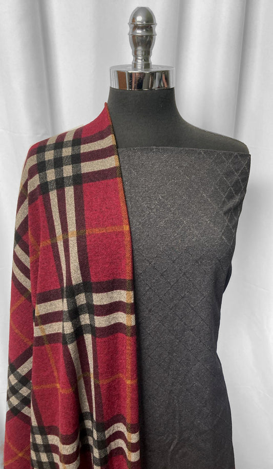PLAID/FAUX QUILTED BUNDLE : 2YD Heathered Charcoal Faux Quilted & 2YD Burgundy Plaid Hacci SK : A24980
