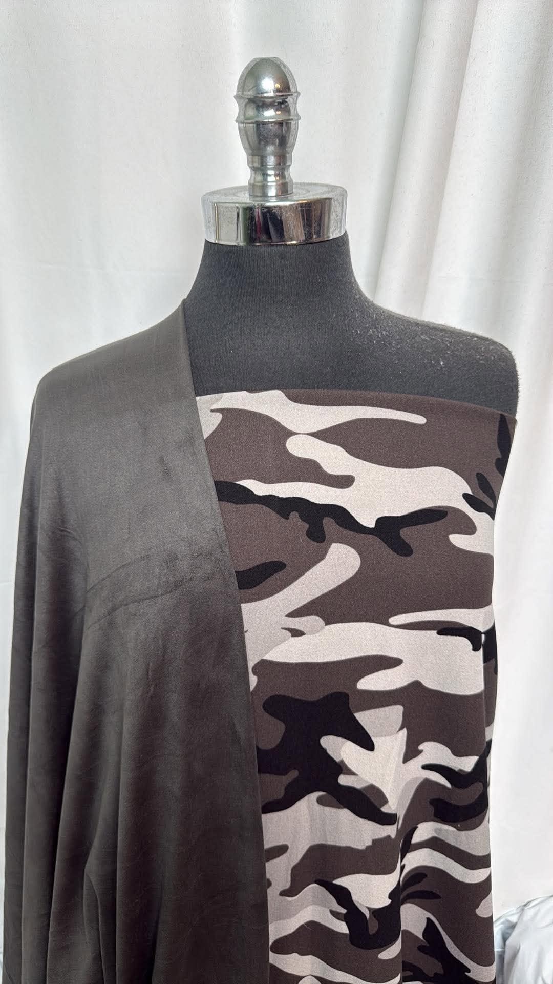 CHARCOAL/BROWN CAMO BUNDLE : 2YD Brown Camo Crepe Scuba & 2YD Charcoal Baby Suede : A30717