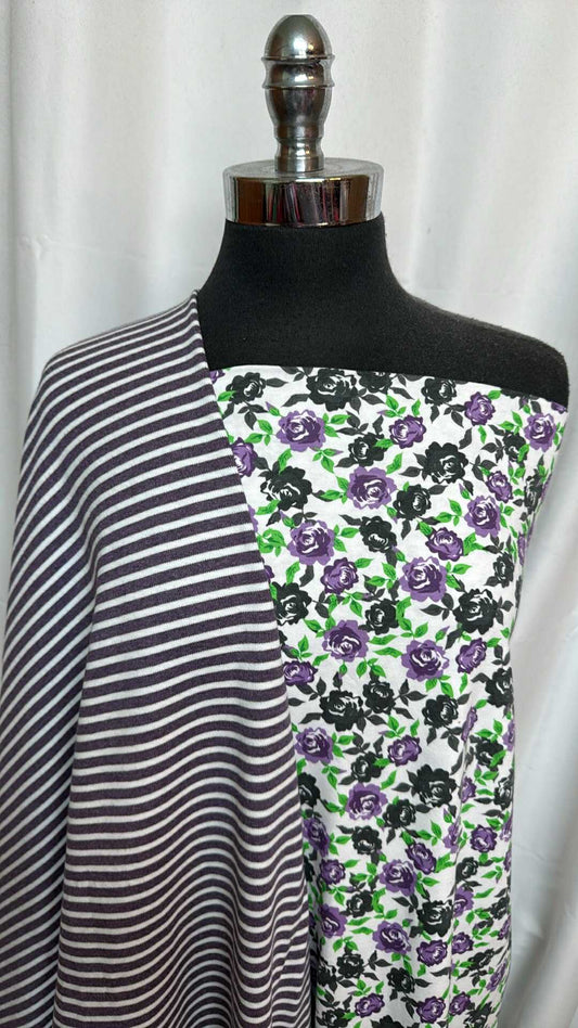 PURPLE FLORAL/STRIPE BUNDLE : 2YD Purple Floral C/S & 2YD Stripe Organic C/S Interlock : A28430
