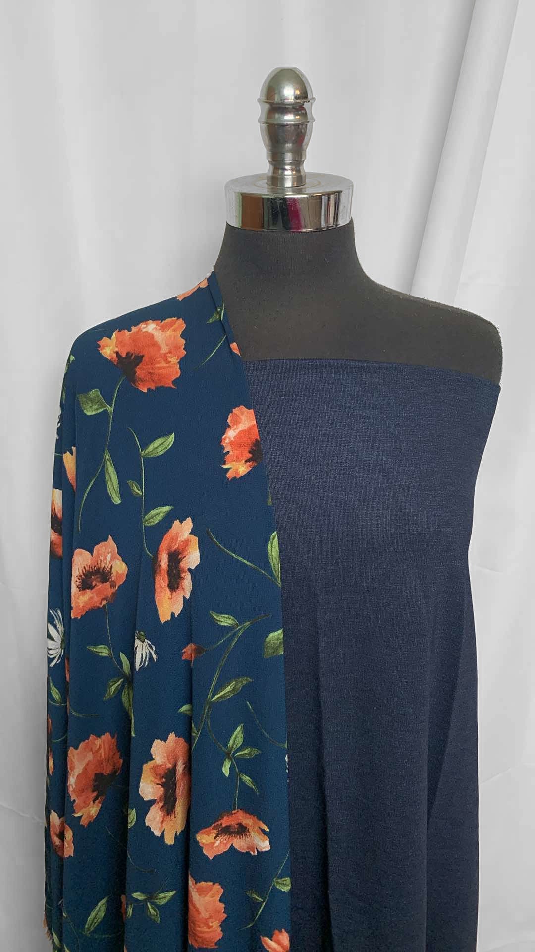 NAVY/FLORAL BUNDLE : 1+YD "Denim" Print Nylon Ponte & 4YD Floral Bubble Crepe : A25940