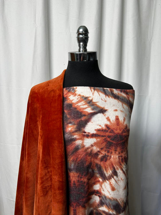 RUST TIE DYE BUNDLE : 2YD Rust Tie Dye Brushed Hacci SK & 2YD Rust Velvet Plush : A1551