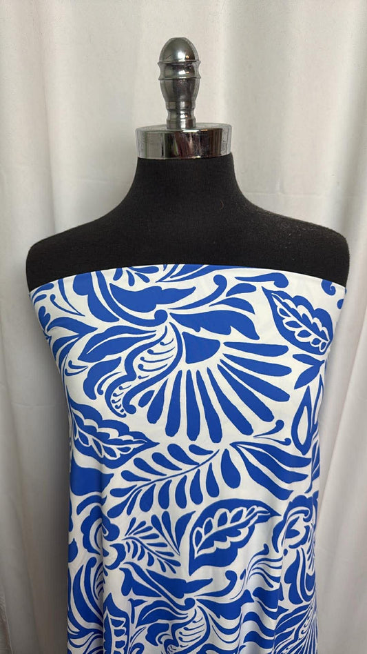 Blue/White Abstract Leaves - Designer Nylon/Spandex Swim - 2 Yard Cut