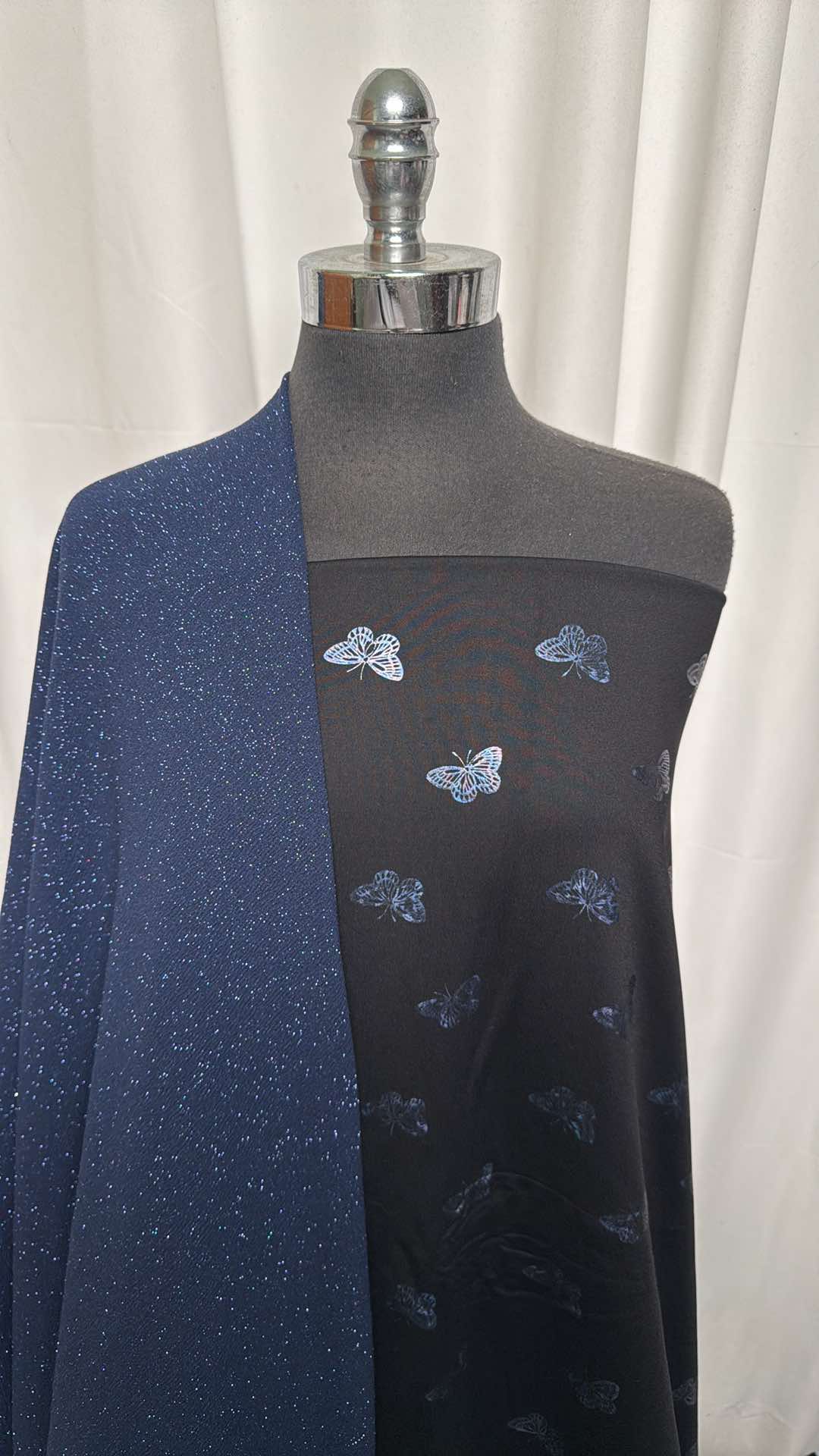 GLITTER/BUTTERFLY BUNDLE : 3YD Butterfly Foil PF & 1+YD Navy Glitter Liverpool : A26312
