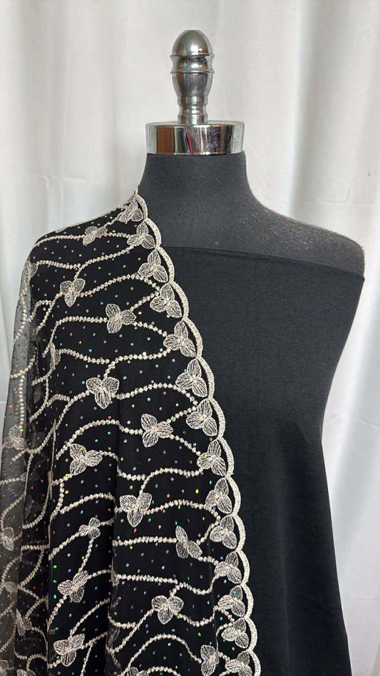 BLACK 2-TONE/EMBROIDERED MESH BUNDLE : 2YD Black 2-Tone Peached PF & 2.5YD Double-Border Embroidered Mesh : A29522