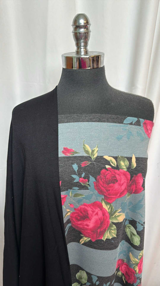 BLACK/WIDE STRIPE-FLORAL BUNDLE : 2YD Wide Stripe/Floral PRS FT & 2YD Black Brushed Modal FT : A27508