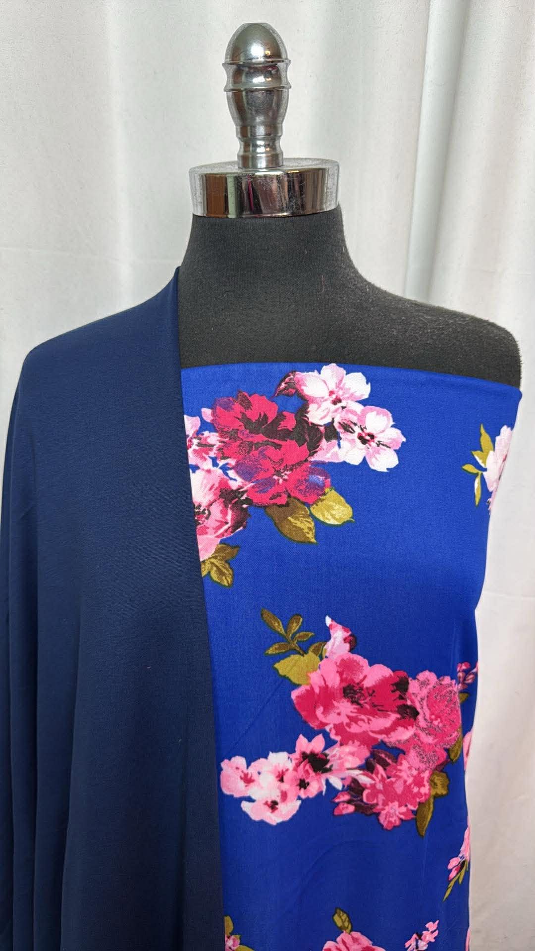 NAVY/BLUE FLORAL BUNDLE : 2YD Navy Nylon Ponte & 3YD Blue Floral Scuba : A30087