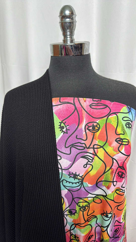 BLACK/COLORFUL FACES BUNDLE : 1.5YD Colorful Faces Venezia & 2YD Black PRS Rib : A29056