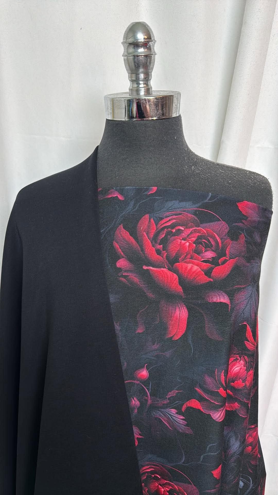 BLACK/RED FLORAL BUNDLE : 1YD Black Cupro-Face Scuba & 33" Cut of Black/Red Floral Single-Brushed PF (Read Descr.) : A30609