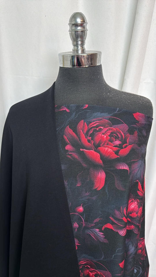BLACK/RED FLORAL BUNDLE : 1YD Black Cupro-Face Scuba & 33" Cut of Black/Red Floral Single-Brushed PF (Read Descr.) : A30609