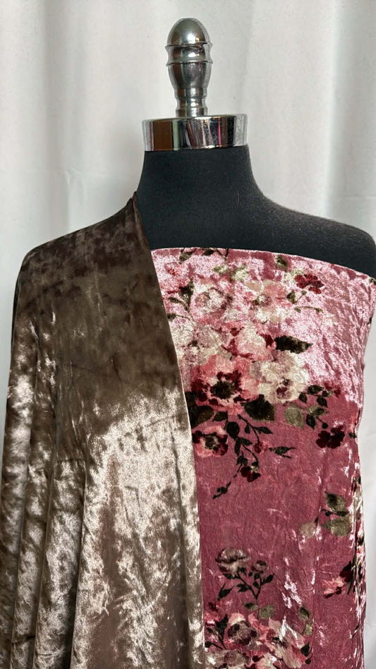 DOUBLE CRUSHED VELVET BUNDLE : 2YD Champagne Stretch Crushed Velvet & 2YD Floral Stretch Crushed Velvet : A29864