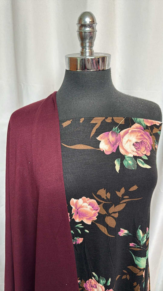 WINE/BLACK FLORAL BUNDLE : 2YD Black Floral R/S & 2YD Wine PRS FT : A28454