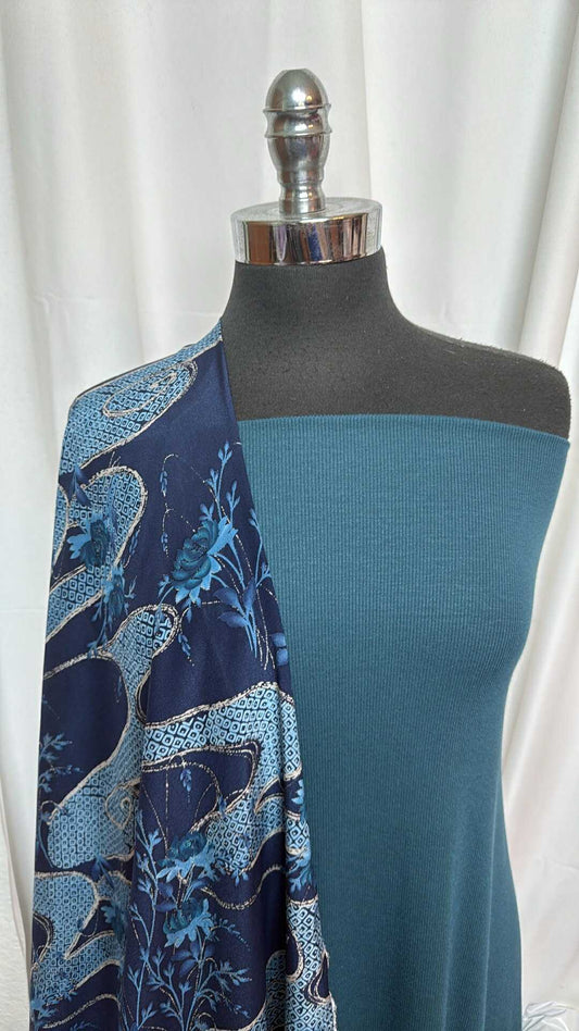 TEAL/FLORAL SWIRL BUNDLE : 2YD Teal Modal/Spandex Rib & 3YD Floral Swirl Silk Woven (44" Wide) : A27797