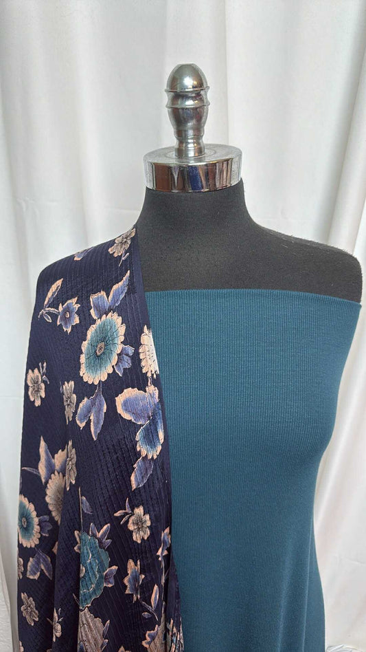 TEAL/FLORAL BUNDLE : 2YD Teal Modal/Spandex Rib & 3YD Floral Silk Woven (44" Wide) : A27798