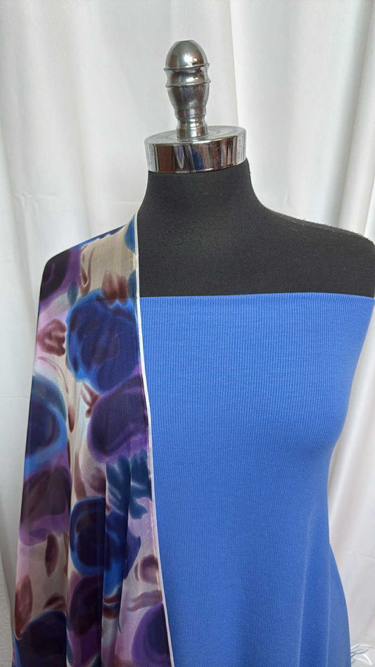 BLUE/FLORAL BUNDLE : 2YD Blue Modal/Spandex Rib & 3.5YD Floral Silk Woven (52" Wide) : A27799