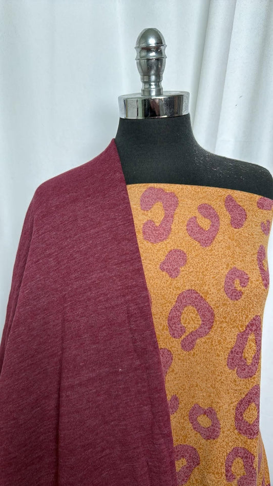 BURGUNDY/LEOPARD BUNDLE : 2YD Burgundy Brushed Sweatshirt Fleece (72" Wide) & 2YD Leopard PRS FT : A30972