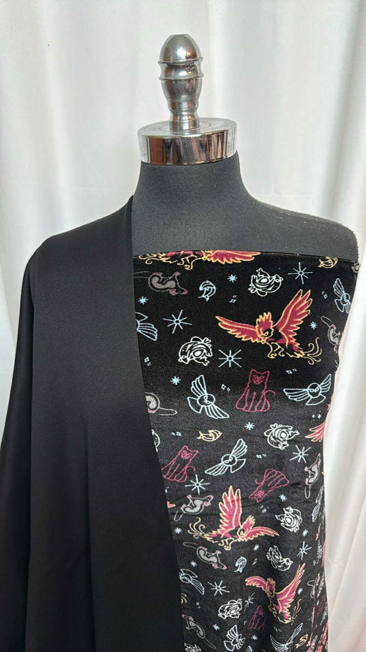 BLACK/MAGIC CRITTERS BUNDLE : 2YD Magic Critters Stretch Velvet & 2YD Black Poly Sweatshirt Fleece : A27892