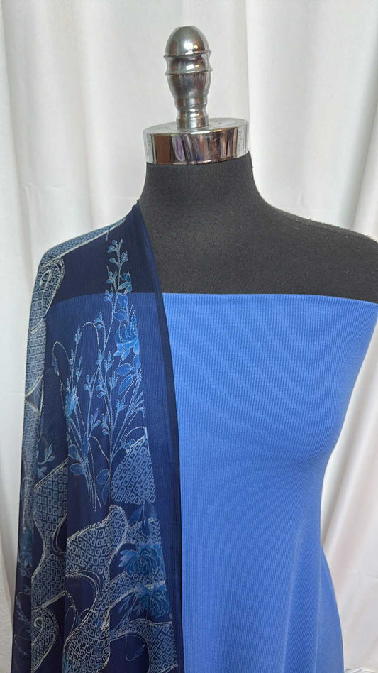 BLUE/FLORAL SWIRL BUNDLE : 2YD Blue Modal/Spandex Rib & 3YD Floral Swirl Silk Chiffon : A27800