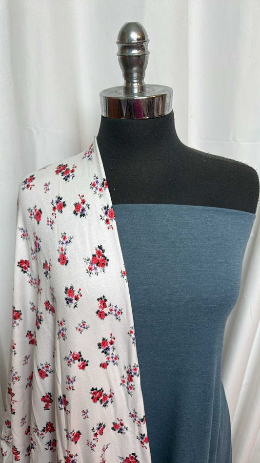 TEAL/WHITE FLORAL BUNDLE : 2YD Teal Cotton 1x1 Rib & 2YD White Floral C/S FT : A27808
