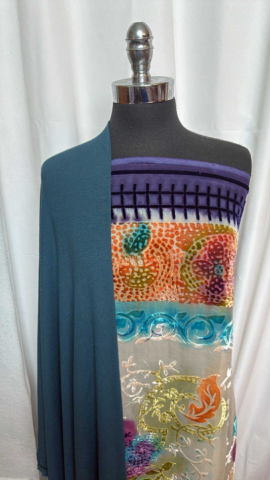 TEAL/DOUBLE-BORDER BUNDLE : 2YD Teal Modal/Spandex Rib & 2.5YD Double-Border Silk Chiffon/Velvet (44" Wide) : A27801