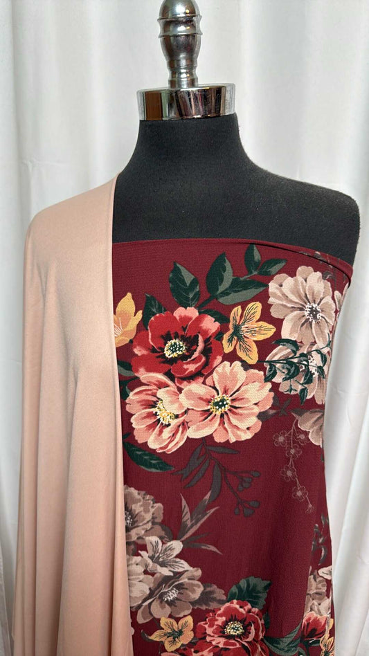 BURGUNDY FLORAL/PIL BUNDLE : 3YD Burgundy Floral Bubble Crepe & 2YD Solid PIL : A27671