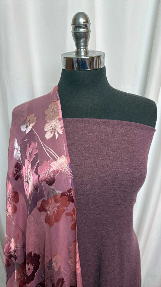 PLUM/FLORAL BUNDLE : 2YD Plum Cotton 1x1 Rib & 3YD Floral Silk Chiffon/Satin (44" Wide) : A27802