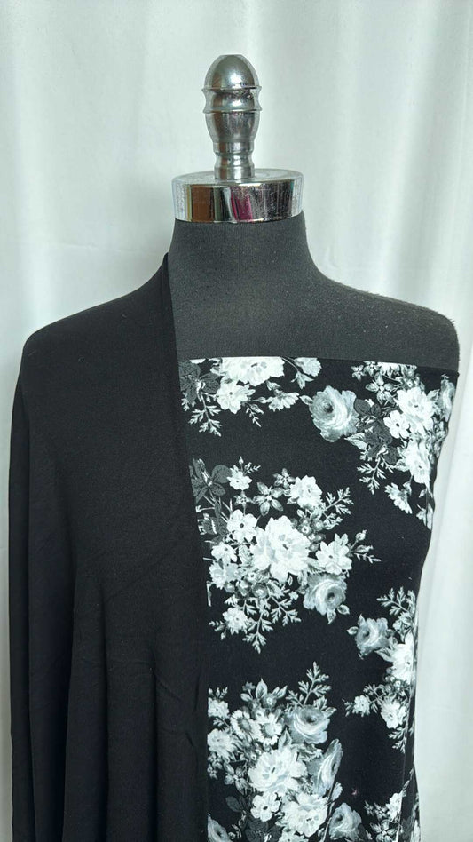 BLACK/WHITE FLORAL BUNDLE : 1YD Black Modal Ponte & 1.5YD Black/White Floral DBP : A29306