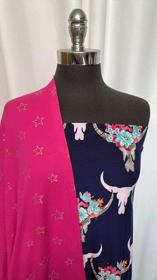 STAR/FLORAL BULL BUNDLE : 2YD Fuchsia Foil Star DBP & 2YD Navy Floral Skull SBP : A26562